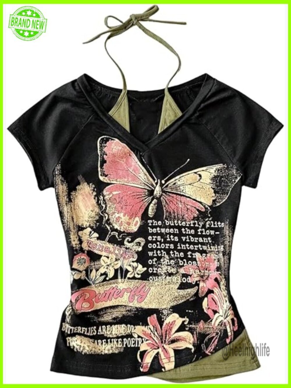 Y2K Grunge Graphic Tee 2 in 1 Halter T Shirt Vintage Streetwear Top